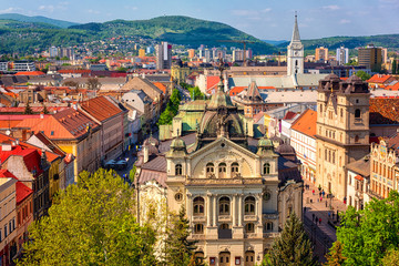 Fototapeta Top view of Main street (Hlavna ulica) of Kosice Old city from St. Elisabeth Cathedral, with State theatre Košice (Statne divadlo) and medieval architecture, Slovakia (Slovensko) obraz