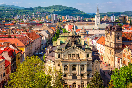 Top view of Main street (Hlavna ulica) of Kosice Old city from St. Elisabeth Cathedral, with State theatre Košice (Statne divadlo) and medieval architecture, Slovakia (Slovensko)