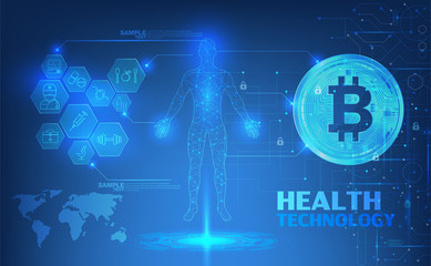 Abstract health technology web banner with golden bitcoin and dark blue background with circuits and wheel. Vector illustration.