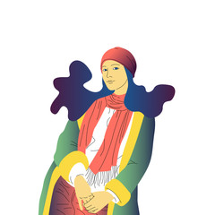 Beautiful hand drawn flat style girl with long hair, hat, scarf and a coat is standing. Isolated on white background. Stock vector illustration..