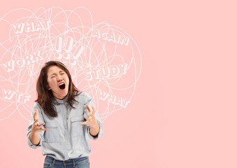 Young asian woman with mixed thoughts against trendy coral background. Negative space. Concept of thinking confusion, stress out, misunderstanding, facial expression, human emotions.