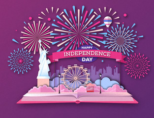 Open fairy tale book with city landscape and holiday firework. Inependence day.Cut out paper art style design