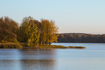 Beautiful view of the lake in the city of Trakai in the morning. Lithuania