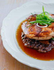 Grilled Chicken spicy breast with brown Risotto in broth