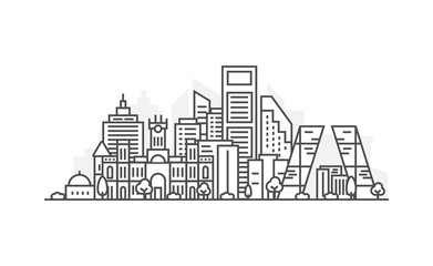 Obraz premium Madrid, Spain architecture line skyline illustration. Linear vector cityscape with famous landmarks, city sights, design icons. Landscape with editable strokes.