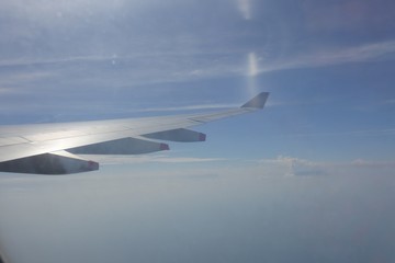 Fototapeta na wymiar Airplane wing out of window with blue sky and white cloud background