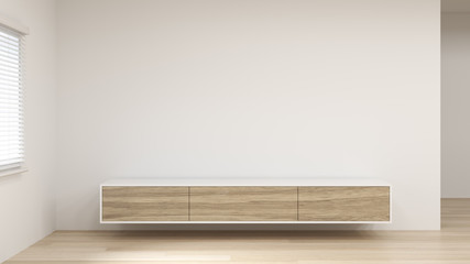 Clean white room and modern Tv wood cabinet in empty room interior background  3d rendering home designs