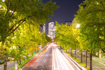 Night view and road to JR Central Towers at Nagoya station in Nagoya,Japan