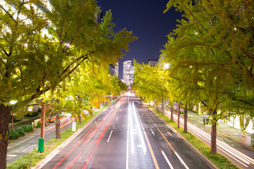Night view and road to JR Central Towers at Nagoya station in Nagoya,Japan