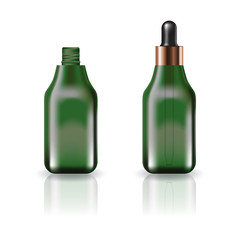 Blank green square cosmetic bottle with dropper lid for beauty or healthy product. Isolated on white background with reflection shadow. Ready to use for package design. Vector illustration.