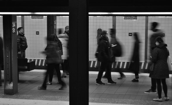 NYC Subway City Commuters People Taking the Subway MTA Train Black and White Image 