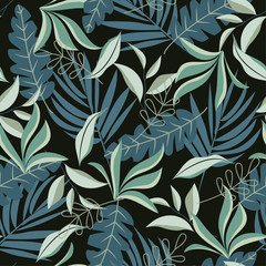 Seamless pattern with green tropical leaves on dark background. Vector design. Flat jungle print. Floral background.