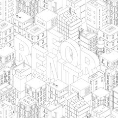 For rent. Words in city buildings background. Isometric top view. Gray lines outline contour style. Background real estate. Vector illustration.