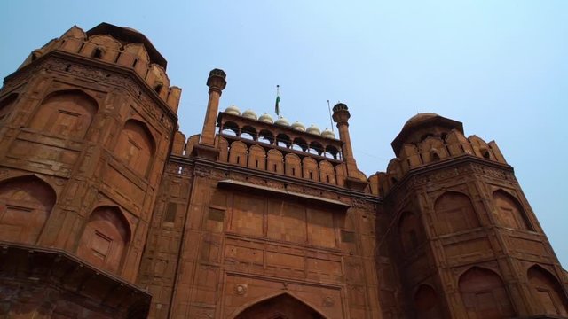 At the Red Fort (Lal Qila). Textured detail of the red, flat bricks in the central building at the fort. Lakhori bricks or Badshahi bricks or Kakaiya bricks are the thin, flat red colored burnt clay
