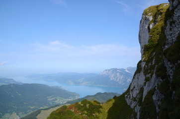 Fototapeta premium View of Lake Attersee in the Austrian region Salzkammergut seen from Schafberg