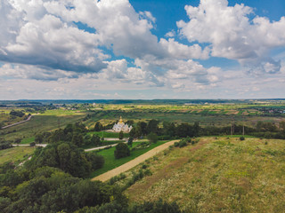 Fototapeta na wymiar aerial view of church fields around.