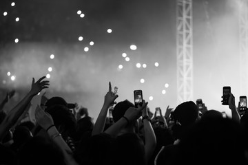 hands to the skies of people dancing and having fun at the live music concert