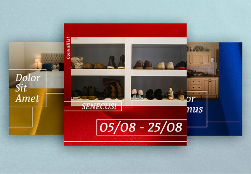 Social Media Post Layout Set with Red, Yellow, and Blue Backgrounds