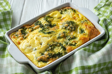 Broccoli casserole with eggs and cheese, vegetarian food.