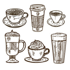 Vector hand drawn set of coffee.Latte, cappuccino, frappe, espresso americano and americano in cup for take away in the engraving vintage style isolated on white background.