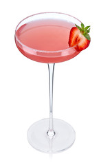 Margarita cocktail in a beautiful glass with a high leg and half of fresh strawberries isolated on white. 100 percent sharpness. Quality image. Top view.
