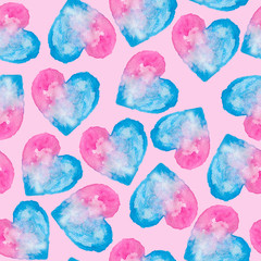 Fototapeta na wymiar Watercolor painting with blue and pink hearts, seamless pattern on light pink background, love