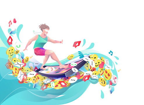Concept in flat style with man surfing through internet.