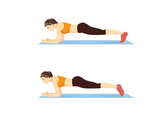 Woman doing body saw exercise guide in 2 step. Illustration about side abdominal workout.