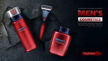 Men cosmetics, safety razor blade, shaving foam, after shave lotion. Body care cosmetic product in red bottle on black cracked background, promo banner mock up 3d realistic vector illustration, poster