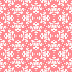 Flower geometric pattern. Seamless vector background. White and pink ornament. Ornament for fabric, wallpaper, packaging. Decorative print