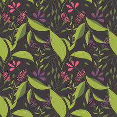 Summer seamless tropical pattern with green plants on a dark background. Vector design. Floral background.