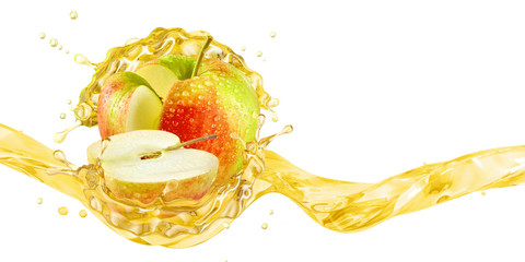 Fresh ripe apple, apple slice and juice or cider vinegar splash wave. Fruit drink liquid design element. Tasty apples fruit juice splashing isolated, healthy detox diet concept. 3D