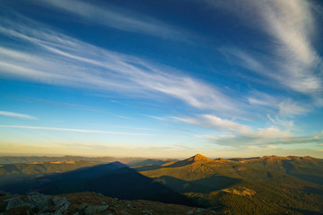 Beautiful landscape at sunset of Mount Hoverla is the highest mountain of the Ukrainian Carpathian Mountains, Chornohora, Goverla from Mount Petros