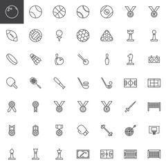 Sports equipment line icons set. linear style symbols collection, outline signs pack. vector graphics. Set includes icons as tennis ball, basketball, american football field , ice hockey, award medal