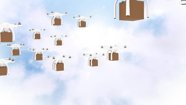 Drones flying in the sky with boxes