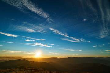 Fototapeta na wymiar Beautiful landscape at sunset of the Ukrainian Carpathian Mountains, Chornohora from Mount Petros