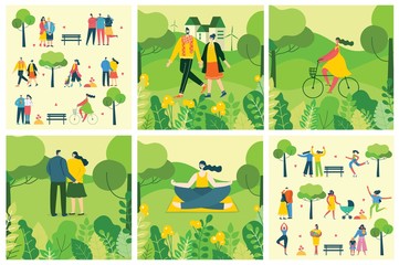 Fototapeta premium Vector Nature ECO background with different people, couple doing activities, walking and have a rest outdoor, in the forest and park in the flat style