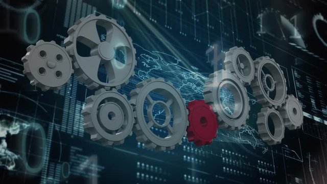 Silver gears and one red gear