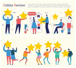 Vector illustration of the online review concept business people in the flat style. Customer review give a five star in bubble box design concept 