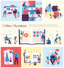 Vector illustration of concept of Online education, training and workshops in flat design