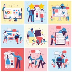 Vector illustrations of the office concept business people in the flat style. E-commerce, online education, project management, start up, digital marketing and mobile advertising business concept