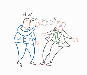 Hand-drawn vector angry businessman worker punched his boss in the face
