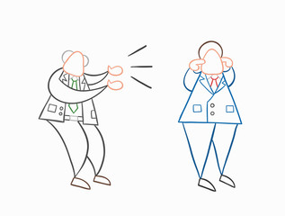 Hand-drawn vector angry boss yelling at businessman worker and he is closing his ears