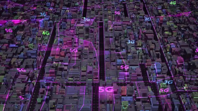 Aerial view city connected through 3G, 4G, 5G network in random colors. Wireless technology and internet of things , Smart city and communication network concept. IoT. ICT. Seamless loop 4k. 3d render