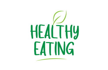 healthy eating green word text with leaf icon logo design