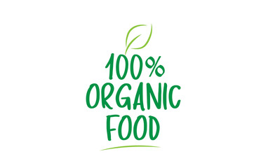 100% organic food green word text with leaf icon logo design
