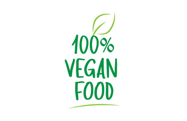 100% vegan food green word text with leaf icon logo design