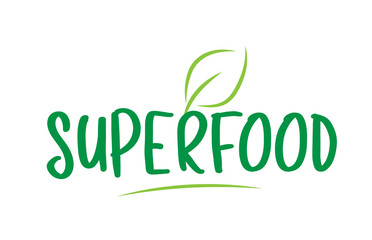 superfood green word text with leaf icon logo design