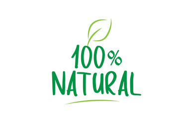 100% natural green word text with leaf icon logo design