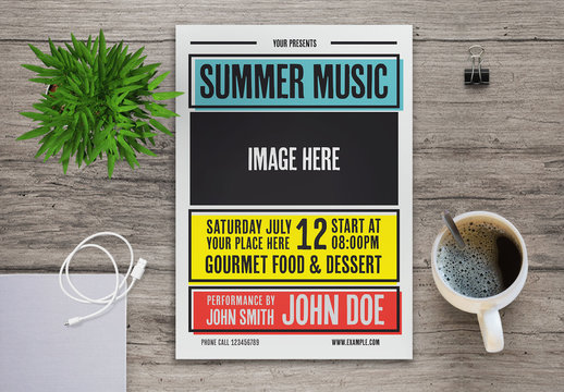 Colorful Summer Music Flyer Layout with Graphic Accents